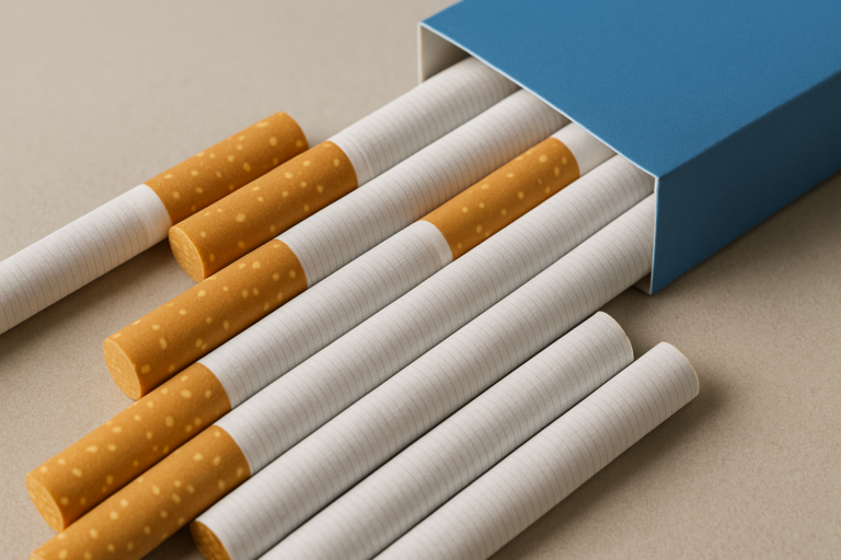 Cigarette filter and paper detail beside blue pack