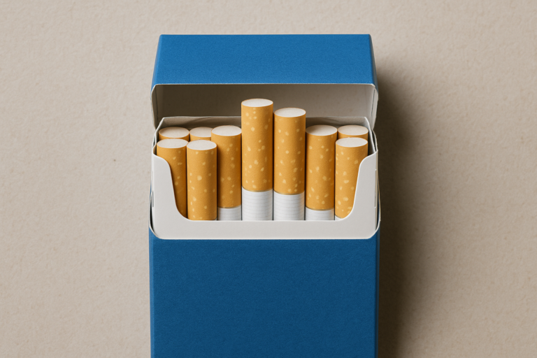 Open blue cigarette pack close-up with filter detail