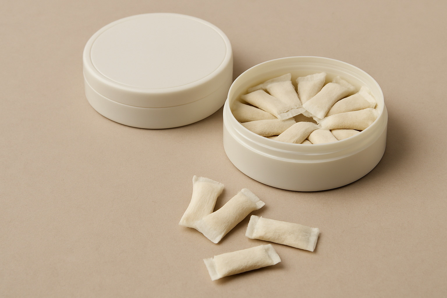 Nicotine pouch tins and pouches on neutral background