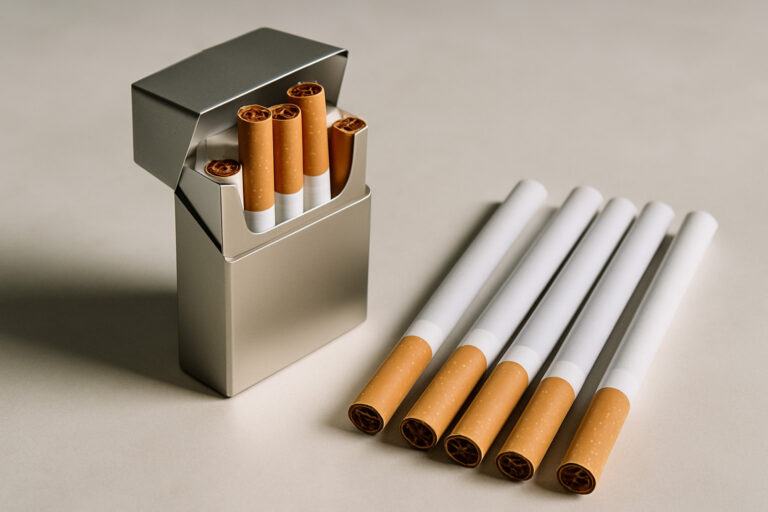 Close-up of generic premium cigarette pack with cigarettes beside it