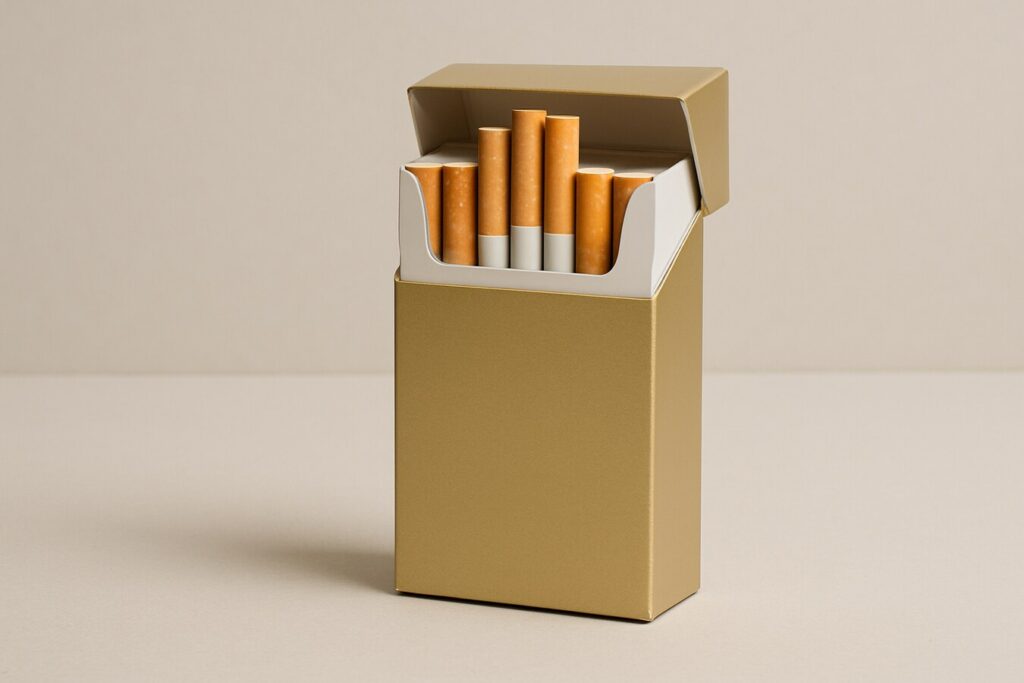 Paquete dorado genérico de cigarrillos sobre fondo neutro