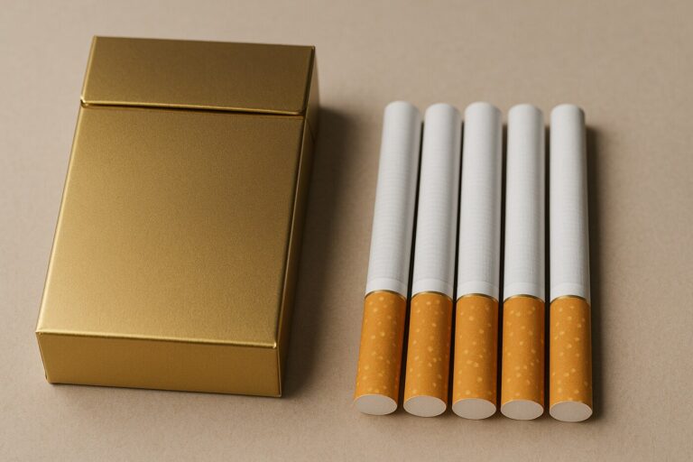 Primer plano de paquete dorado genérico y cigarrillos