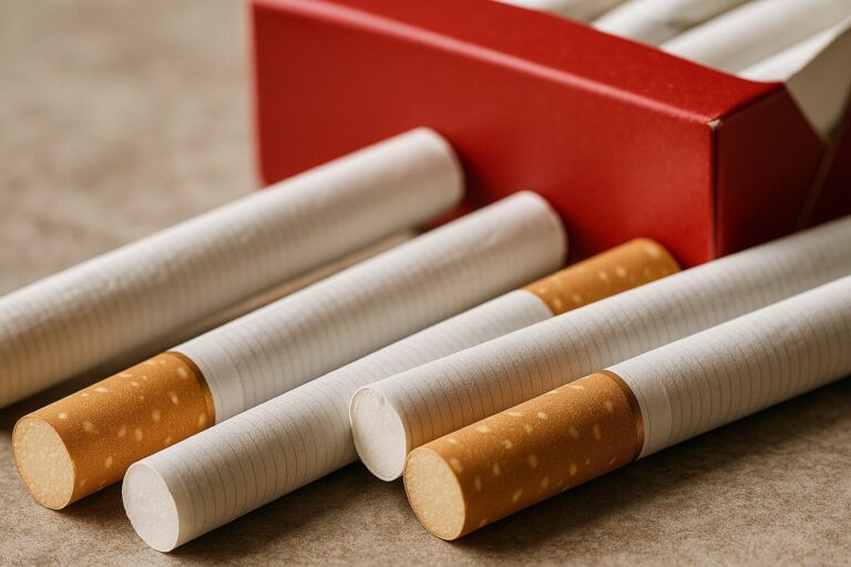 Detalle de filtro y papel junto a paquete rojo