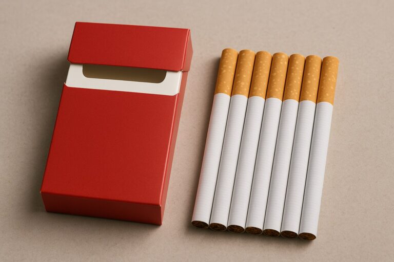 Primer plano de paquete rojo genérico y cigarrillos