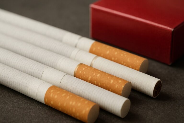 Cigarette filter and paper detail beside red pack