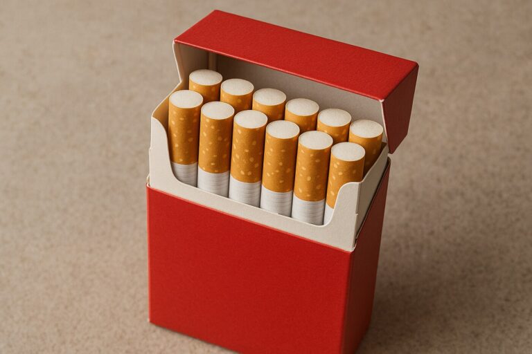 Open red cigarette pack close-up with filter detail